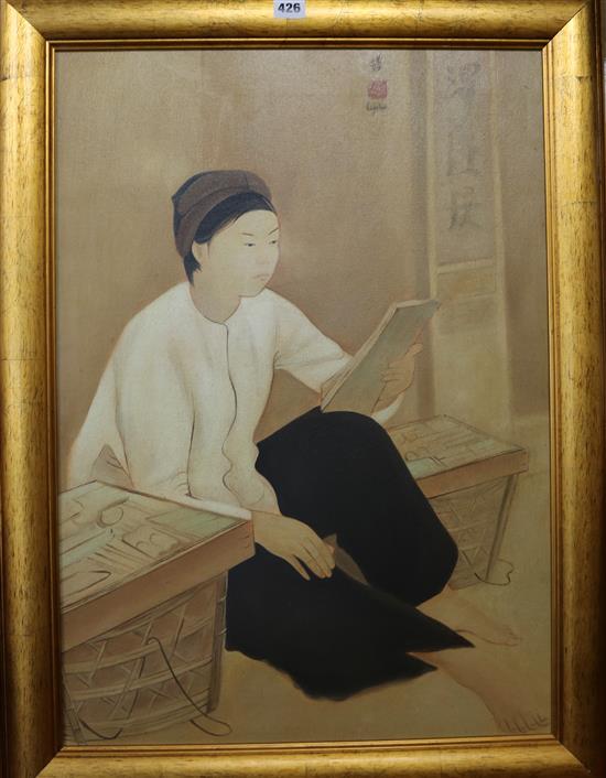 Manner of Le Pho, oil on canvas, Study of a girl reading, 69 x 49cm